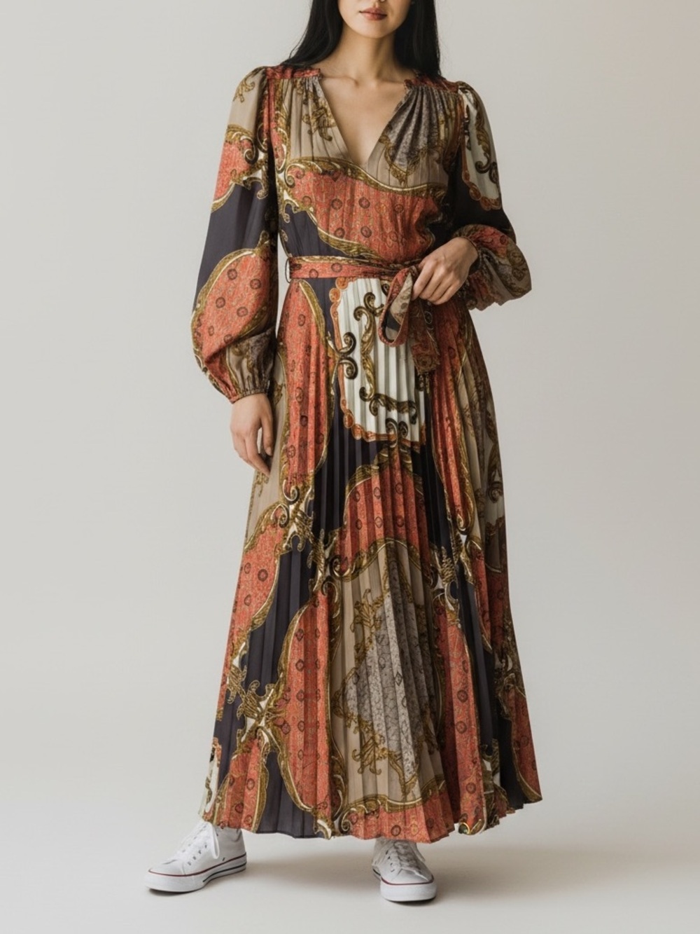 NWT Current Air Anthropologie Printed Long Sleeve Maxi Dress in Rust & Black
